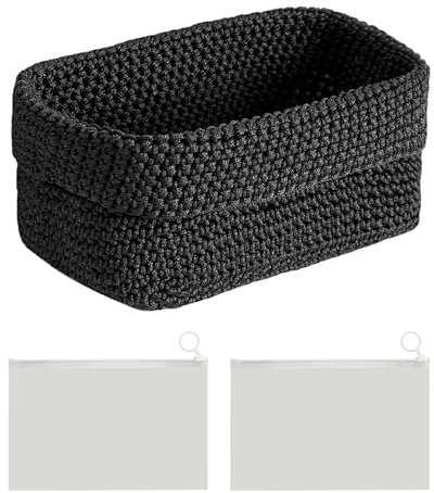 Marjoramy Cesta de Ganchillo Negra, Cajas de Almacenaje con 2 Bolsas, Cestas Organizadoras para Toallas, Cosméticos, Joyas, Llaves y Cocina, Organizador Plegable, Estético y Duradero-21x12x15.5 cm