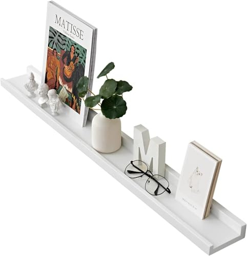 Gieanoo Étagère murale blanche, 70 cm - Barre de photos en chêne massif blanc - Étagère flottante pour cadres photo et décorations pour la chambre, la cuisine, le bureau