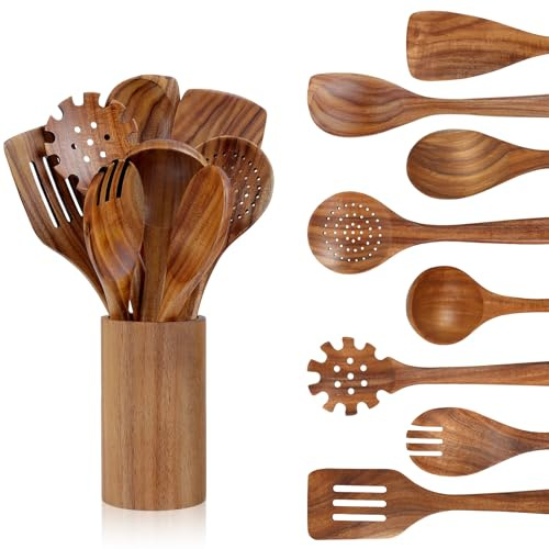 comfoyar Teck Ustensiles de Cuisine Bois, Set de 9 Cuillère en Bois pour la Cuisson avec Support et Louche, Résistance à la Chaleur Convient pour Poêles Antiadhésives