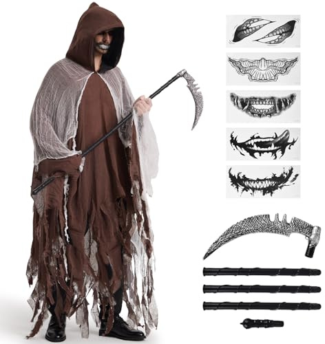 BuzzoXerex Déguisement Faucheur Homme, Halloween Cape à Capuche Déchirée Cape à Capuche avec Faucille & Autocollants de Tatouage Effrayants pour Halloween, Carnaval (Marron)