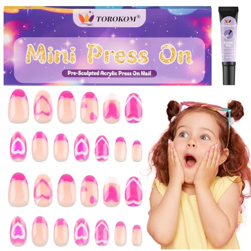 TOROKOM Faux Ongles pour Filles avec Colle – 26 Pièces Ongles Press-On Courts pour Enfants – Manucure Complète pour Anniversaire, Fête, Noël (Rose français)