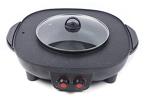 2 In 1 Hotpot und Grill,Elektrischer Hotpot Topf Elektrogrill Antihaft-Rauchloser Grillofen,mit Abnehmbar Kochplatte Indoor Korean BBQ Thai Barbecue Fondue Raclette für 5-6 Personen