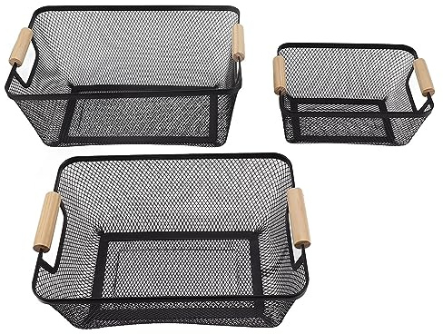 LOCADENCE 3Pcs Cesti di Filo da Cucina, Organizzatore Stoccaggio Alimenti Metallo Decorativo Grande Capacità, Cestino Stoccaggio con Manico in Legno per Snack Libri (negro)