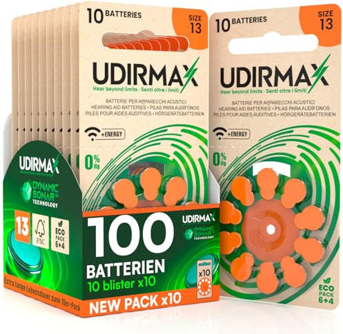 100 Batterien für Hörgeräte Größe 13 Udirmax PR48 Orange Zink-Luft-Batterien mit Dynamischer Sonartechnologie Eco Pack - 10 Umweltfreundliche Blister mit 10 Batterien