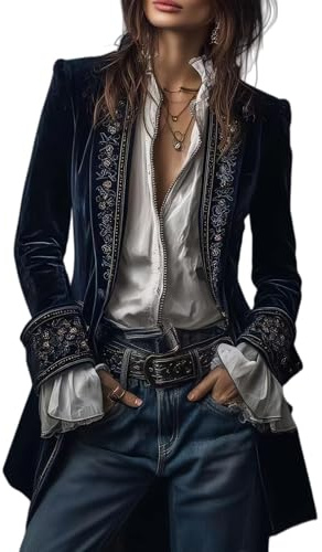 Blazer en velours pour femme, manteau de pirate brodé vintage, manteau long victorien de couleur unie, haut gothique de la Renaissance, bleu, M