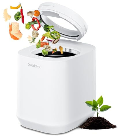 Ouaken Compostador Eléctrico de Cocina Inteligente 4L | 3 Modos, Sin Olores, Silencioso, Autolimpieza, Reduce 90% los Residuos Alimentarios, Convierte Restos en Fertilizante, Blanco