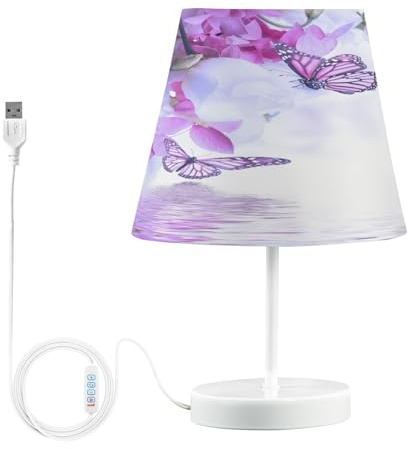 Mnsruu Bedside Lamp Purple Flower Butterfly Pansy Table Lamp LED Bulbs Desk Lamp Fabric Shades for Bedroom Living Room, Medium