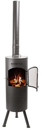 Cheminée de Jardin BonGiano LP Noir BonFeu 30x30x153 cm - Grille de Barbecue - Couvercle - Tisonnier et Pare-Étincelles - Brasero pour Jardin