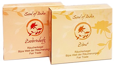 Indische Räucherkegel Soul of India 2er Set: ZEDERNHOLZ und Zimt, je 1 Packung mit 10 Kegel