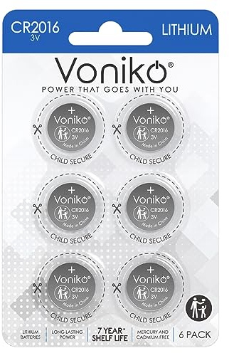 Voniko CR2016 3V Lithium Batteries 6 Pack for Child Safety, Compatible with Remotes, Key Fobs, Glucose Monitors - 7 Years Shelf Life