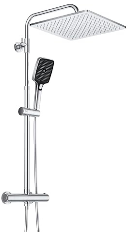 Görbach Colonna Doccia Acciaio Inox Con Miscelatore Fori Muro Regolabili Colonna Doccia con Rubinetto Termostatico Set Doccia a Pioggia Con Soffione e Doccetta a Mano Quadrato 30 * 30cm Cromo