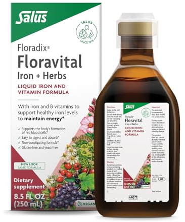 Floradix Floravital Liquid Iron & Vitamin Formula - Liquid Iron Supplement with C & B Vitamins & Herbs for Energy Support - Vegan, Gluten-Free, Yeast-Free & Non-GMO - 8.5 Fl Oz