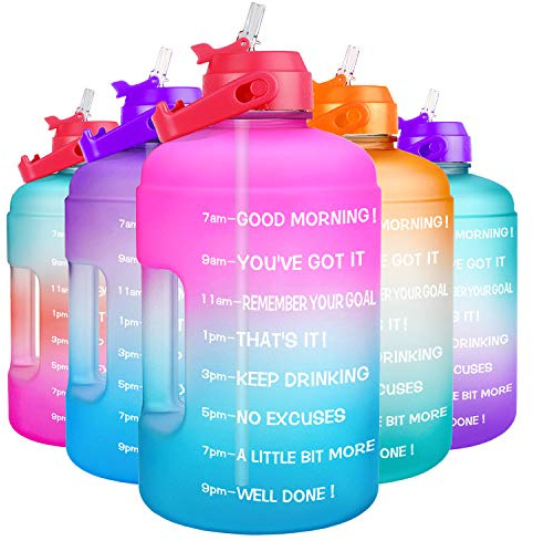 QuiFit 1 Gallon Water Bottle - with Straw & Motivational Time Marker Leak-Proof BPA Free Reusable Gym Sports Outdoor Large(128OZ) Capacity Water Jug(Pink/Blue Gradient,1 Gallon)