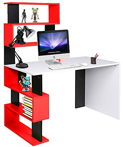 BAKAJI Escritorio con doble librería, 7 estantes, mesa de trabajo para ordenador, estructura y tablero de madera MDF, decoración para casa, oficina, dormitorio, diseño moderno, 120 x 60 x 148 cm (Red)