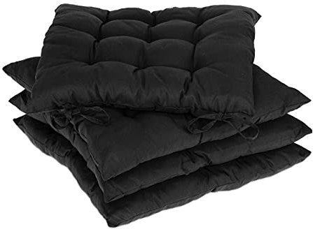 Relaxdays Stuhlkissen 4er Set, 38x38 cm, Sitzkissen mit Bändern, Indoor & Outdoor, Polyesterbezug, Stuhlpolster, schwarz