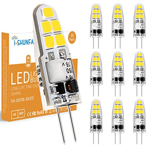 I-SHUNFA Bombillas LED G4, AC/DC 12V, Blanco Frío 6000K, 200LM Fuente Luminosa LED G4, 1.3W Sustituye a Las Bombillas Halógenas de 15W, Sin Parpadeos, No Regulable, Para Cocina, Paquete de 10