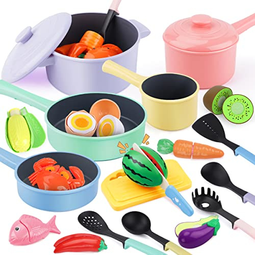 GILOBABY Kids Toy Kitchen Accessories, Toddler Cooking Set with Play Food & Pots and Pans, Realistic Pretend Fruit Vegetables Role Play Gift for Boys Girls Age 2-4