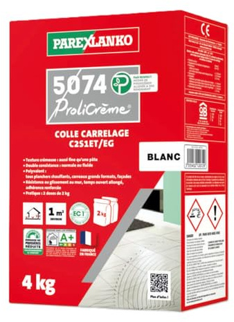 PAREXLANKO - Colle carrelage allégé polyvalent - 5074 PROLICRÈME - Pose de carrelage, murs, sols, façade - Grands carreaux, planchers chauffant - Int/Ext - Consistance normale ou fluide - Blanc - 4kg