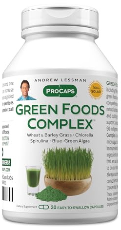 ANDREW LESSMAN Green Foods Complex 30 Capsules - Supplies Building Blocks for Healthy Tissue Growth, Liver Support. 100 mg Each of Barley Grass, Wheat Grass, Blue Green Algae, Chlorella, Spirulina