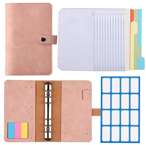 KOMUNJ 6 Löcher Binder Notizbuch, A6 PU Leder Loseblatt Notizbuch Binder Notebook mit12 x Reißverschlusstasche + 1 x Etikett + 4 x Separator+4 x Rekordseite – Rosa