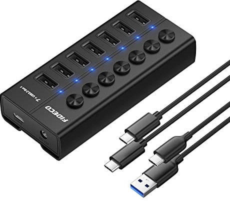 FIDECO Powered USB 3.0 Hub, 7-Port Aluminum USB Hub with Independent On/Off Switch, USB Extension Hub and Splitter with USB C to C Cable, USB A to C Cable, and 12V 2A Power Adapter