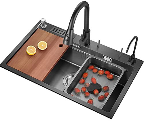 Fregadero De Cocina Negro Fregadero De Acero Inoxidable 304 Fregadero Grande De Un Solo Recipiente con Tabla De Cortar Y Accesorios (Color : Black, S : 78X48cm(C))