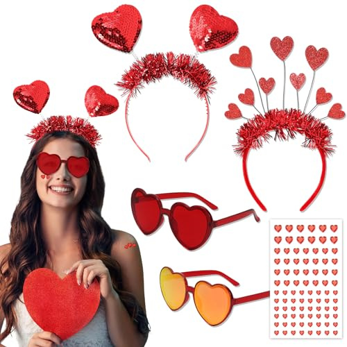 HOWAF 2 Herz Haarreif Rot Amor Haarreif Glitzer Herz Haarband Valentinstag Hair Hoop, 2 Herz Brille Herz Sonnenbrille Herzen Aufkleber, Amor Kostüm Valentinstag Fasching Kostüm Karneval Party Costume