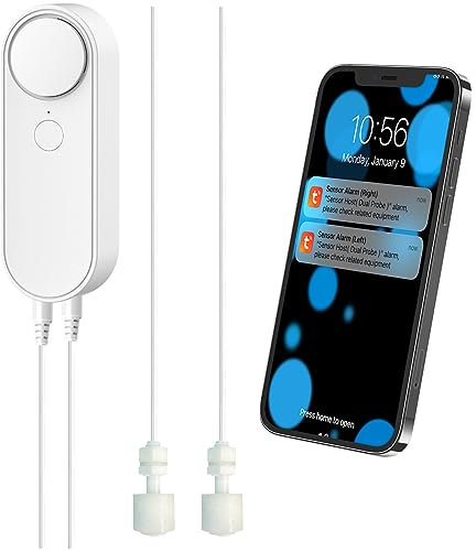 WiFi Wasserstandsmelder, Intelligente Wassersensor Alarme, Getrennte 5M Dual Detection Line, Links und Rechts Dual Alarme, Remote App Monitoring, Dual Alerts, 2 AAA Batteriebetrieben
