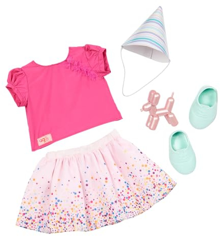 Our Generation - It's Time to Party - Geburtstags-Outfit - Konfetti-Print-Rock & Pudel-Ballontier - 46 cm Puppenkleidung - Vorgetäuschtes Spiel - Spielzeug für Kinder ab 3 Jahren