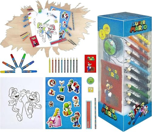 HOVUK 35 Stück Kids Super Mario Art Set mit Buntstiften, Filzstiften, Notizblock und Zubehör, ideale Sammlung zum Zeichnen, Skizzieren, Basteln, Weihnachtsgeschenke für Jungen ab 3 Jahren