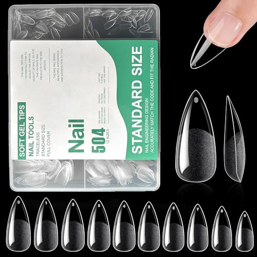 504 Stück Künstliche Nagel Tips, Soft Gel Almond Nageltips Fake Full Cover Nails Tips für Gelnägel Pre-buff Kunstnägel Fingernägel Set mit Kleber für Nagelstudios und DIY-Nagelkunst, 10 Größen