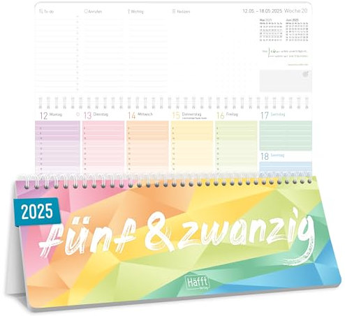 Häfft® Wochen-Tischkalender 2025 quer zum Aufstellen Rainbow 1 Woche 2 Seiten, Schreibtisch-Kalender mit Aufsteller, Wochenkalender 29,7 x 11,6 cm - nachhaltig & klimafreundlich