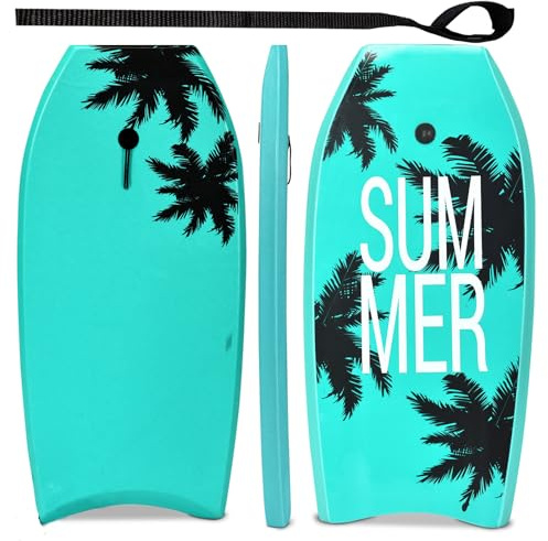 HOMASIS Bodyboard Schwimmbrett mit Zugseil 90 cm, Surfbrett für Kinder und Erwachsene, Surfbrett mit EPS-Schaumkern und Kokospalmen-Motiv, Grün (83 x 47 x 5,5 cm)