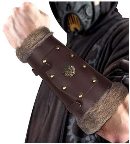 keland Kunstfell Wikinger Leder Armschienen Mittelalter Armschutz Armstulpen für Damen Herren LARP Zubehör, EIN Paar (A-Braun)