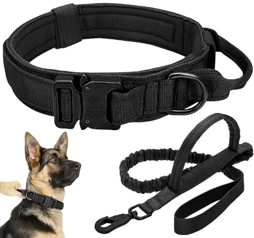 Taktisches Hundehalsband-Leinen-Set, verstellbar, Militär-Training, Nylon, Hundetraining mit Kontrollgriff und Metallschnalle, Hundehalsband für mittelgroße und große Hunde (Schwarz, XL)