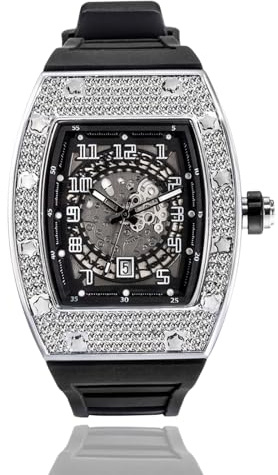 ICEDIAMOND Bling CZ Diamant Skelett Fass Zifferblatt Quarzuhr, Iced Out Tageskalender Hip Hop Modeuhr für Männer