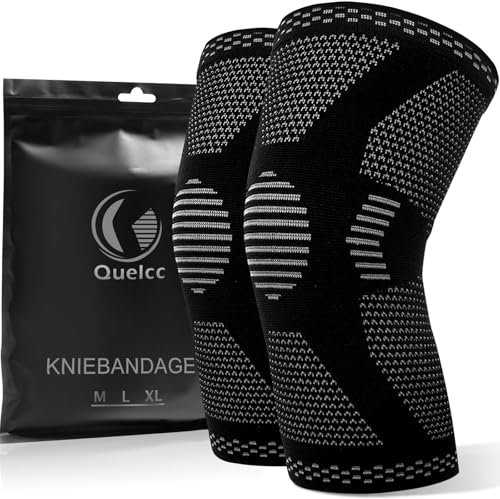Quelcc 2 Pezzi Ginocchiera, Fascia a Compressione, Fascia Elastica Ginocchio, Supporto per Ginocchio da Uomo e Donna, Fascia Ginocchio per Corsa, Artrite, Lesioni al Menisco, Nero, L