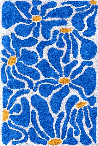 N.LANSHAN Diy Knüpfteppich Blaue Blumen Diy Bastelset Einfaches Muster Diy Häkelsets Sticksets Häkelset Für Anfänger Handarbeiten Basteln Für Heimdekoration 21x29in