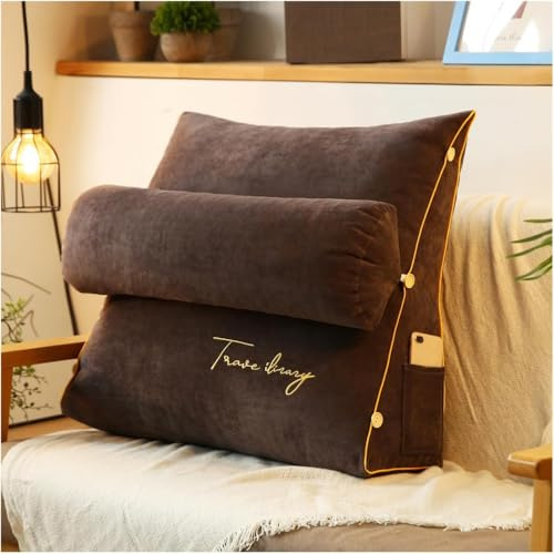 GXQFF Keilkissen, Kissen Zum Lesen Im Bett, Lesekissen Mit Rückenstütze, Lesekissen Für Bett Und Sofa, Cozy Rückenkissen, Praktisches Seitenfach, Removable Cover-Dunkelbraun||60 * 50 * 20cm