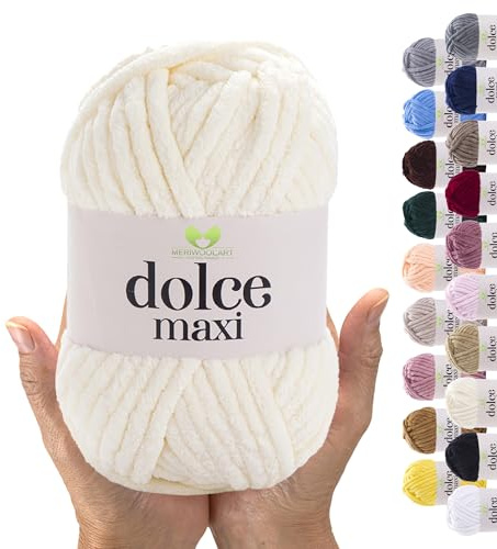 MeriWoolArt® Chenillegarn för Stickning och Virkning Naturell - 200g och 70m Velourgarn - 100% Mjuk Polyester för Amigurumi, Kuddar, Filtar, Mjuka Kläder, Presenter