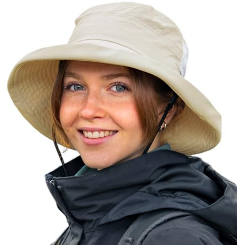 TOP-EX UPF 50 Sonnenhüte Damen mit Pferdeschwanz, Breiter Krempe Fischerhut für UV-Schutz, Wasserdicht regenhut, Kinnriemen, Atmungsaktiv Sommer-Mesh, Faltbar, Safari, Camping, Gärtner, Khaki L