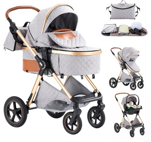 Mobayta Passeggino 3 in 1 neonati fino a 22KG passeggino compatto con maniglia regolabile passeggino cittadino Alluminio con paesaggio elevato combinazione passeggino trio (H2-GREY, H2)