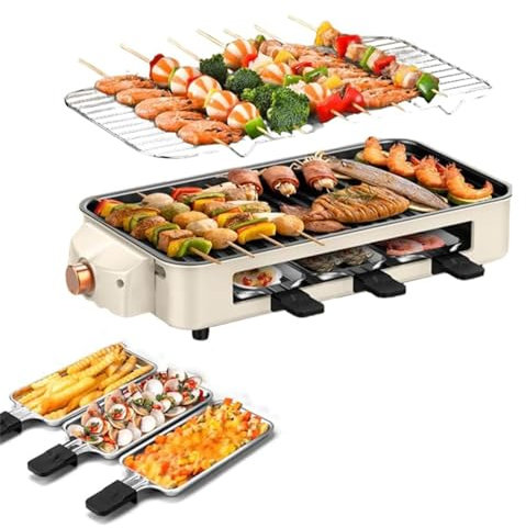 WBRSybUK Grill 1500W, Piastra Elettrica, Grill Elettrico Interno A Tre Funzioni con Griglia Rete Teglia da Forno, Controllo della Temperatura, Lavabile in Lavastoviglie