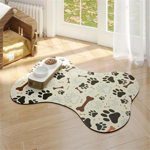 FANSU Napfunterlage Hund, Knochenform Saugfähig Schnelltrocknende Waschbar rutschfest Futtermatte, Diatomeenerde Futtermatte Hund Futterunterlage Katze, Unterlage Katzennapf (Beige,50x70cm)