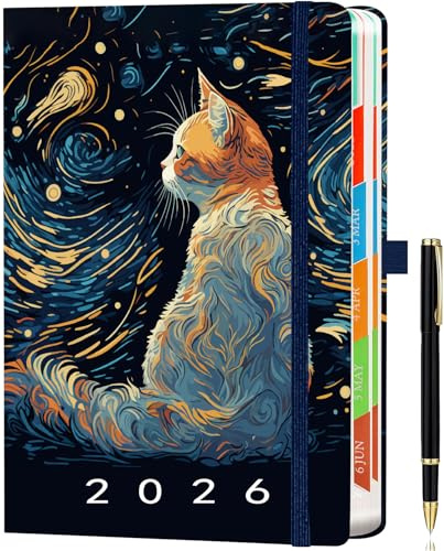 ZXHQ Diary 2026 Day Per Page A5, Jan - Dec, with Colorful Tabs, UK Holidays, Inner Pocket, 100 Gsm Paper, Pen Set, Full Year Daily Planner 2026 with Monthly View, 5.9 × 8.5 - Cat
