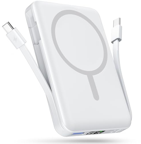 Podoru Batterie Externe avec MagSafe, 10000mAh Magnetique Power Bank | Deux Câbles USB-C Intégrés, 20W PD Charge Rapide, Affichage LED, Powerbank sans Fil pour iPhone 17/16/15/14/13/12 Séries