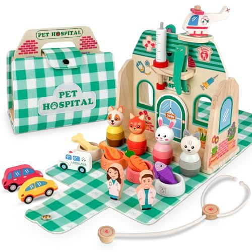 Bibykivn Malette Docteur Vétérinaire pour Enfant, 37Pièces Kit du Jouet Stéthoscope Seringue, Trousse Docteur, Jouets Montessori, Jouet d'Imitation et Cadeau pour Enfants dès 3 Ans