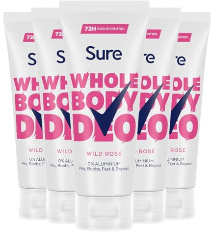 Sure Deodorant Cream Wild Rose, Pack of 5, Whole Body Deodorant for Women Aluminium Free Deo Cream with Fresh and Floral Fragrance Provides 48-Hour Odour Control, 75 ml