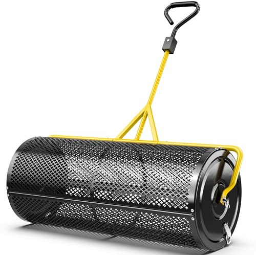 JILLSKY 44 Inch Compost Spreader – Heavy Duty Push/Tow Peat Moss & Fertilizer Spreader with Steel Mesh Drum, Reinforced Center Rod, for Even Lawn Coverage & Garden Soil Care