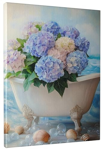 Tela artistica da parete con ortensia estiva, decorazione floreale blu viola pesca, elegante stampa estetica per bagno, per casa, soggiorno, camera da letto, tela avvolta 40,6 x 50,8 cm